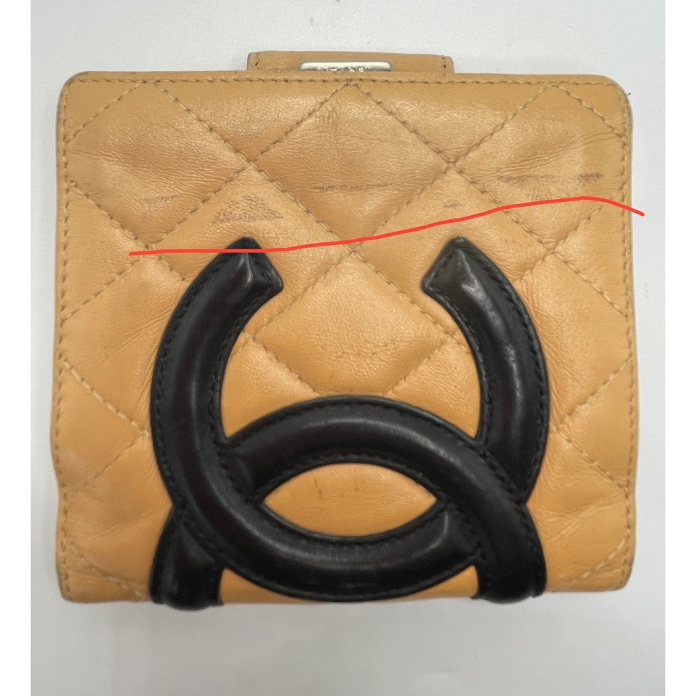 Chanel‎ Cambon Ligne Compact Wallet Beige Quilted Lambskin Black CC Logo#842
